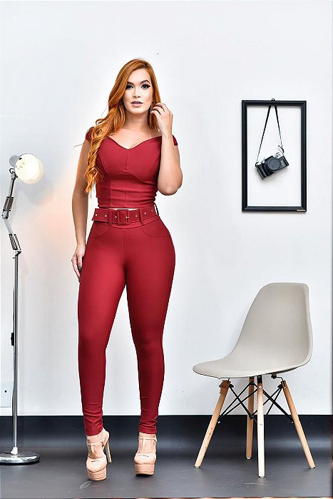 Calça Skinny com Cinto - VERMELHO CARBANET