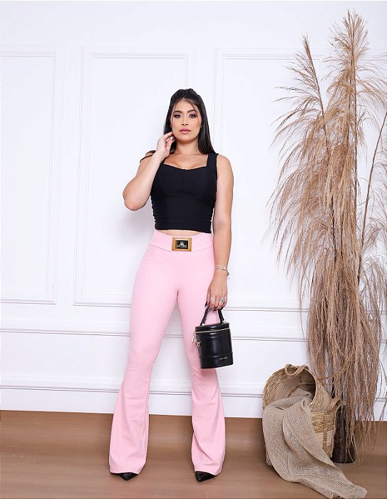 Calça Flare Tradicional Placa Tecido Montaria de Poliamida - ROSA BEBÊ