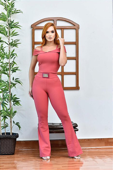 Calça Flare Tradicional Placa Tecido Montaria de Poliamida - ROSA SECO