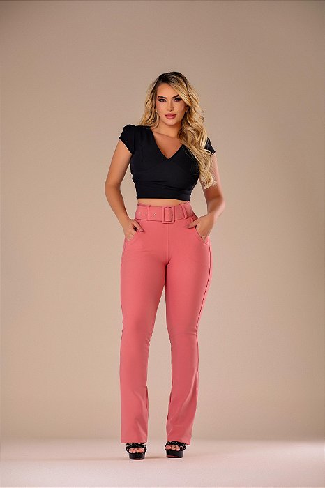 Calça Semi Flare com Cinto Tecido Montaria de Poliamida - ROSA SECO
