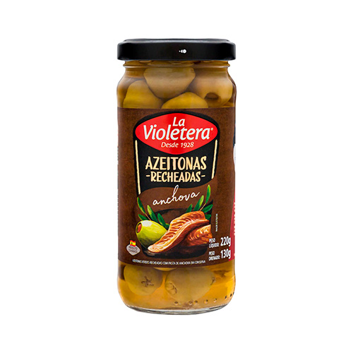 AZEITONAS ESPANHOLAS RECHEADAS C/ ANCHOVA - LA VIOLETERA 130g ⭐
