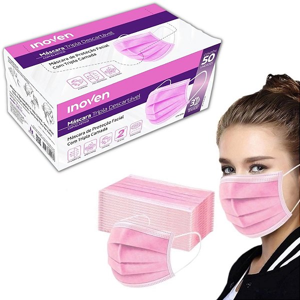 Máscara Descartável Rosa Facial Tripla Elástico C/50 Inoven