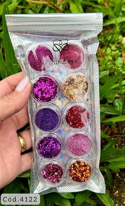 Kit Brilho/Glitter/Folha de Ouro Mix Cores 10 Unidades Real Love