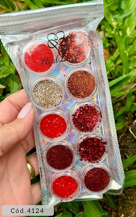Kit Brilho/Glitter/Folha de Ouro Mix Cores Vermelho 10 Unidades Real Love