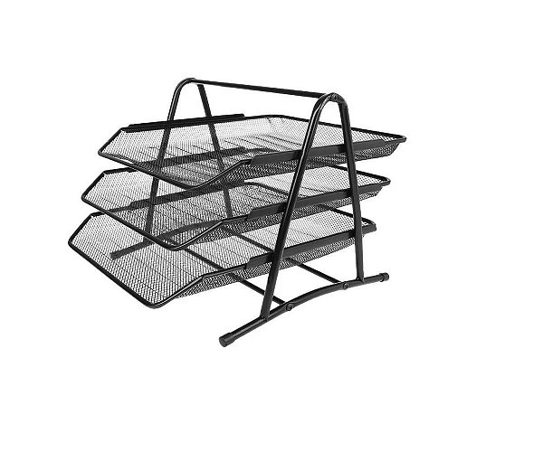 Caixa de Correspondência, Organizador de Mesa, Tripla, Metal, Preta, Kit c/ 2 Unds