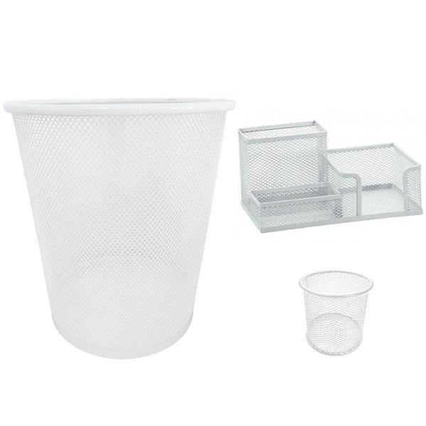 Lixeira de Escritório, Porta Caneta 3 Divisórias e 1 Organizador de Mesa Redondo Aramado Branco Gv Office