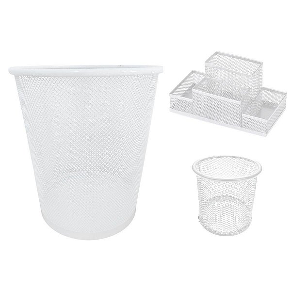 Lixeira de Escritório, Porta Caneta 4 Divisórias e 1 Organizador de Mesa Redondo Aramado Branco Gv Office