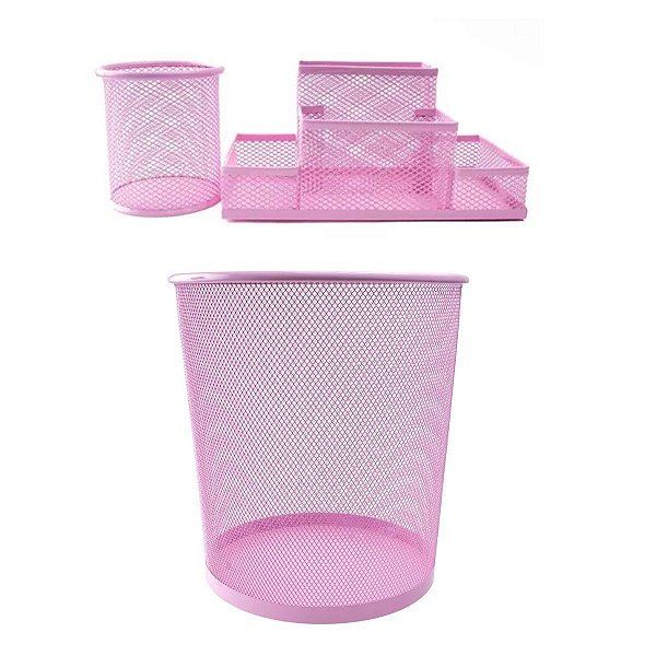 Kit Lixeira de Escritorio 10,5 litros Porta Caneta 4 Divisórias e 1 Porta Treco Rosa Gv Office