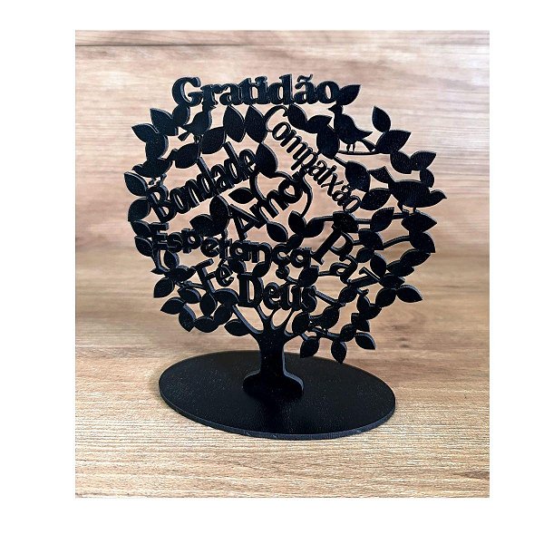 Enfeite Decorativo Árvore de Vida Gratidão Paz Amor 14x15cm MDF Preto
