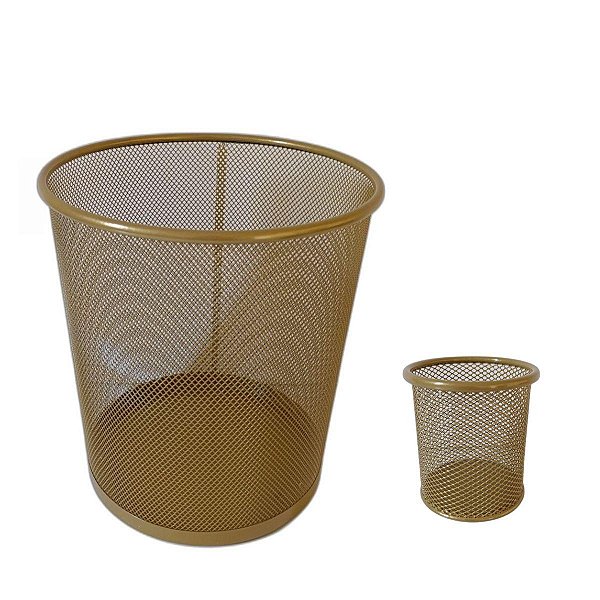 Kit Lixeira de Escritorio Cesto de lixo Aramado 10 L Dourado e Porta Treco Redondo 9x10 cm Gv Office