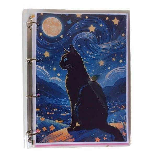 Caderno Fichário Argolado Pasta Organizadora 4 Argolas Gato Transparente Fechamento com Botão