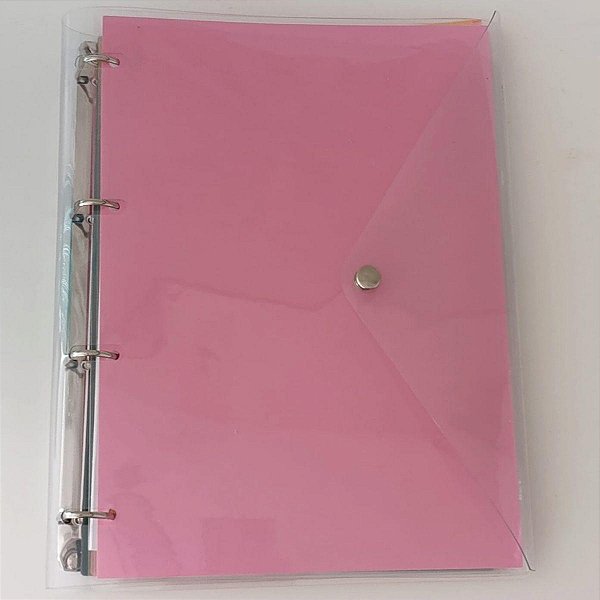 Caderno Fichário Argolado Pasta Organizadora 4 Argolas Rosa Transparente Fechamento com Botão