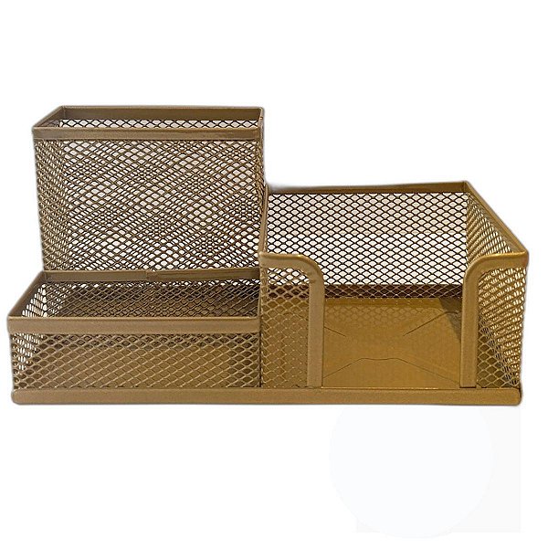 Porta Lápis, Caneta, Clips, Lembrete, Aramado, Dourado, 3 Divisórias Gv Office
