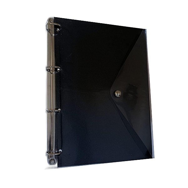 Caderno Fichário Argolado Pasta Organizadora 4 Argolas Preto Transparente Fechamento com Botão