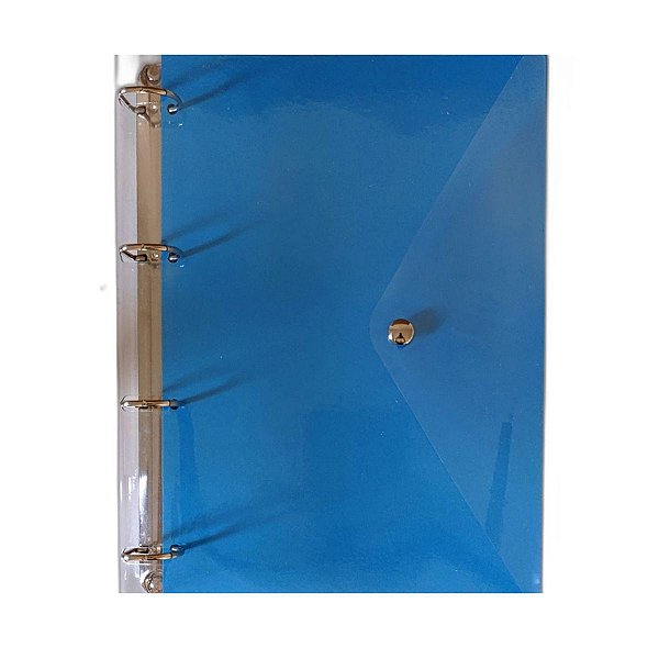 Caderno Fichário Argolado Pasta Organizadora 4 Argolas Azul Transparente Fechamento com Botão
