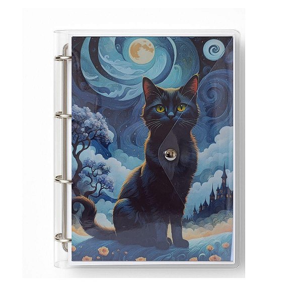 Caderno Fichário Argolado Pasta Organizadora 4 Argolas Gato Preto Transparente Fechamento com Botão