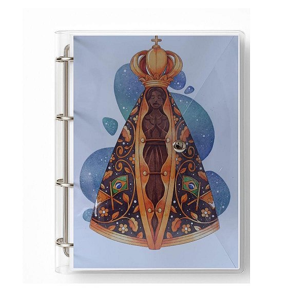 Caderno Fichário Argolado Pasta Organizadora 4 Argolas Nossa Senhora Transparente Fechamento com Botão