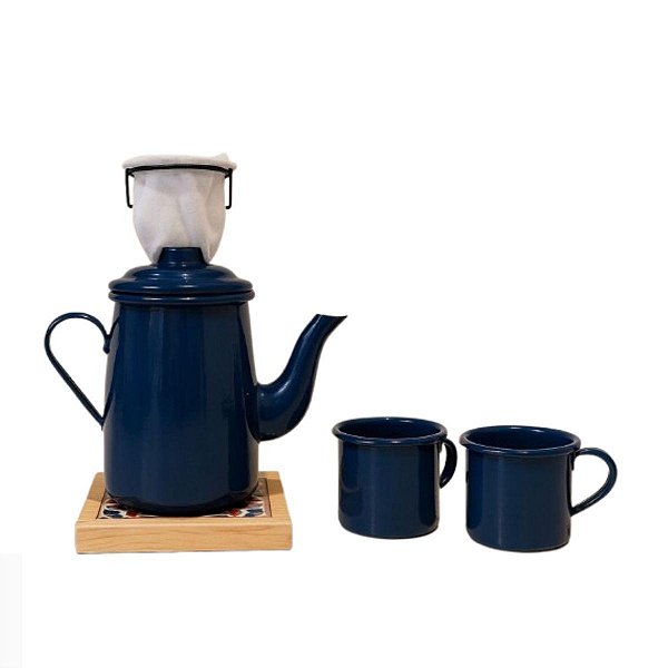 Xícara Café Gourmet, Suporte, Coador, c/ 2 Canecas 80ml, Bule 500 ml Azul