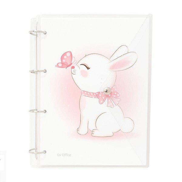 Caderno Fichário Argolado Pasta Organizadora 4 Argolas Coelho Cute Transparente Fechamento c/ Botão