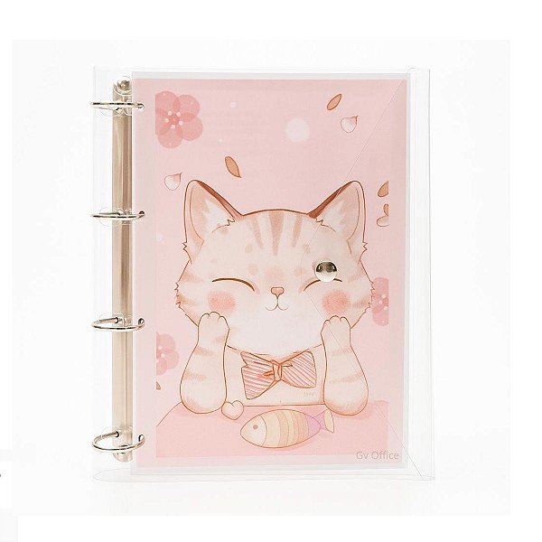 Caderno Fichário Argolado Pasta Organizadora 4 Argolas Gato Cute Transparente Fechamento c/ Botão