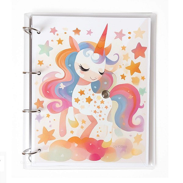 Caderno Fichário Argolado Pasta Organizadora 4 Argolas Unicornio Transparente Fechamento c/ Botão