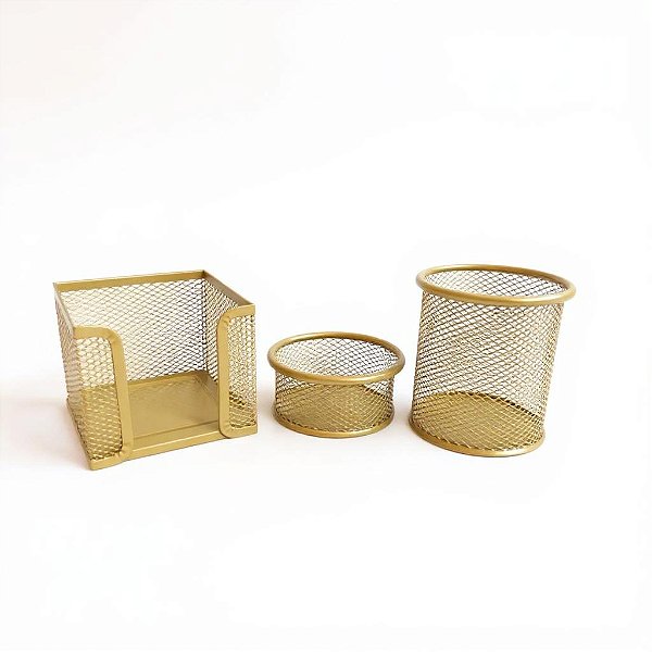 Kit Porta Canetas Organizador Escritório Dourado Aramado Porta Treco 3 Unidades