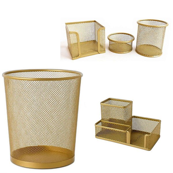 Kit Organizador Escritório Aramado Dourado Lixeira Porta Treco Porta Canetas