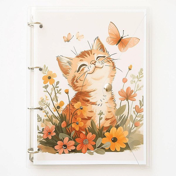 Caderno Fichário Argolado Transparente Universitário 4 Argolas Gatinho Floral Fechamento c/ Botão