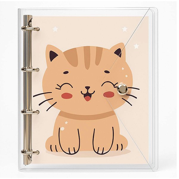 Fichário Caderno 4 argolas Transparente Universitário Gatinho Feliz Fechamento c/ Botão