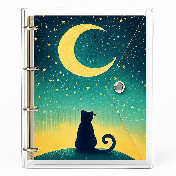 Caderno Fichário Transparente Universitário Argolado Gato Lua Fechamento c/ Botão