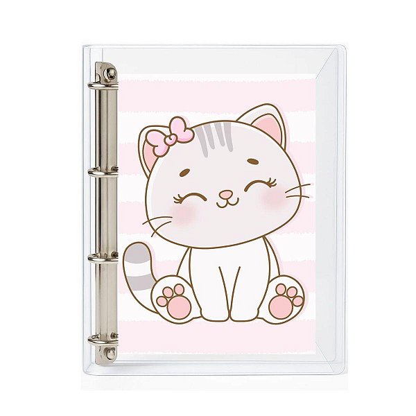 Caderno Fichário Argolado Transparente Universitário 4 Argolas Gatinha Fechamento c/ Botão