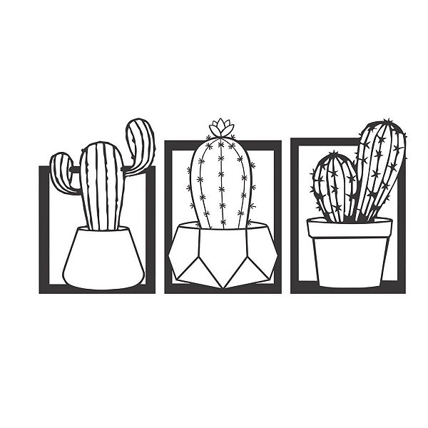 Kit 3 Quadros Decorativos Floral Cactos 3D MDF 3mm Preto Fosco