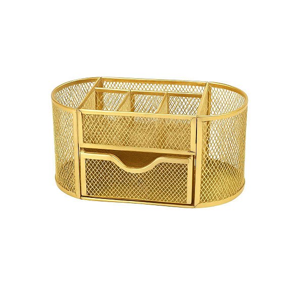 Organizador De Mesa Dourado Luxo PortaTreco Porta Maquiagem Metal Aramado 21x11cm GV Office
