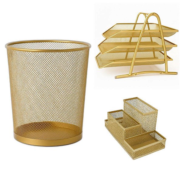 Kit Caixa de Correspondência Tripla Metal Dourada, Lixeira e Organizador de Mesa 4 Divisórias