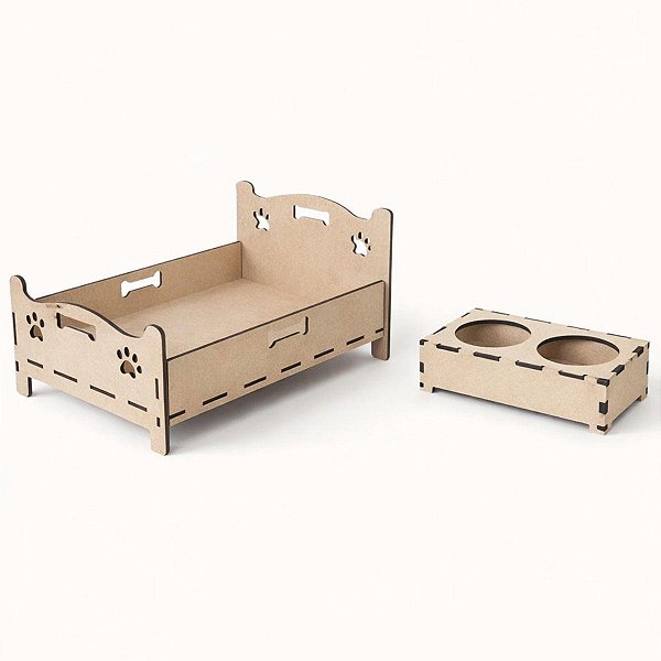 Kit Pet Cama P/ Cachorro Pequeno e Gato Com Patinhas Decorativa e Suporte de Comedouro Duplo Elevado Mdf Gv Office