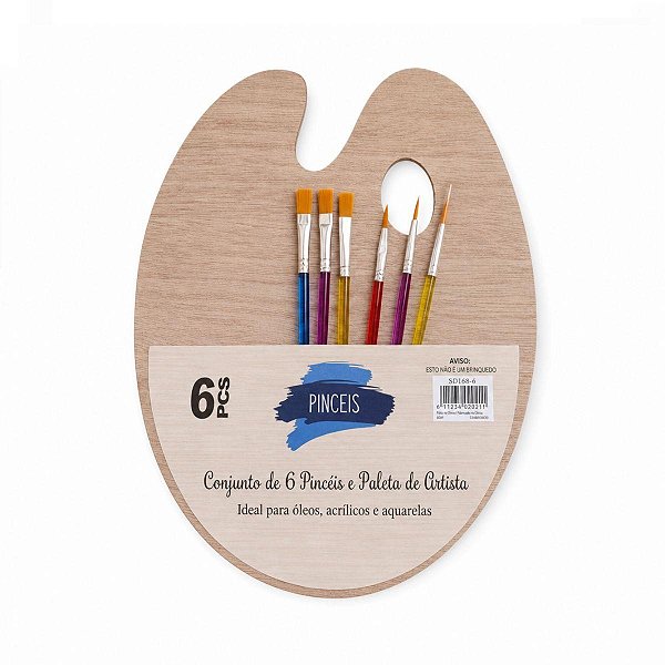 Kit Paleta de Madeira para Pintura com 6 Pincéis Coloridos Artísticos Gv Office