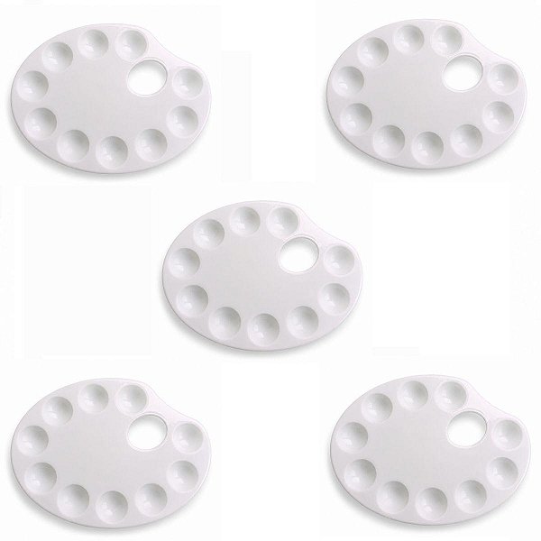 Kit 5 Unidades Paleta de Pintura Oval Branca com 10 Cavidades 22x17 cm para Mistura de Cores em Ateliê e Artesanato