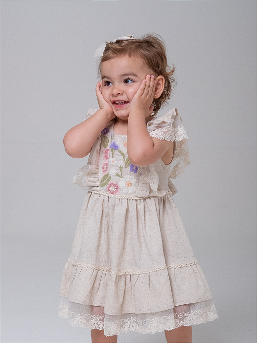 Vestido Linho Bordado Cru Infantil