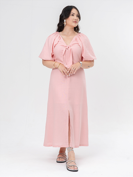 Vestido Linho Midi Rosa Manga Balone Adulto