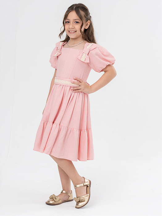Vestido Linho Rosa Manga Balone Infantil