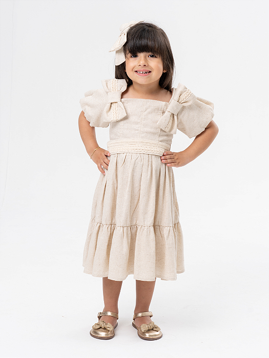 Vestido Linho Cru Manga Balonê Infantil