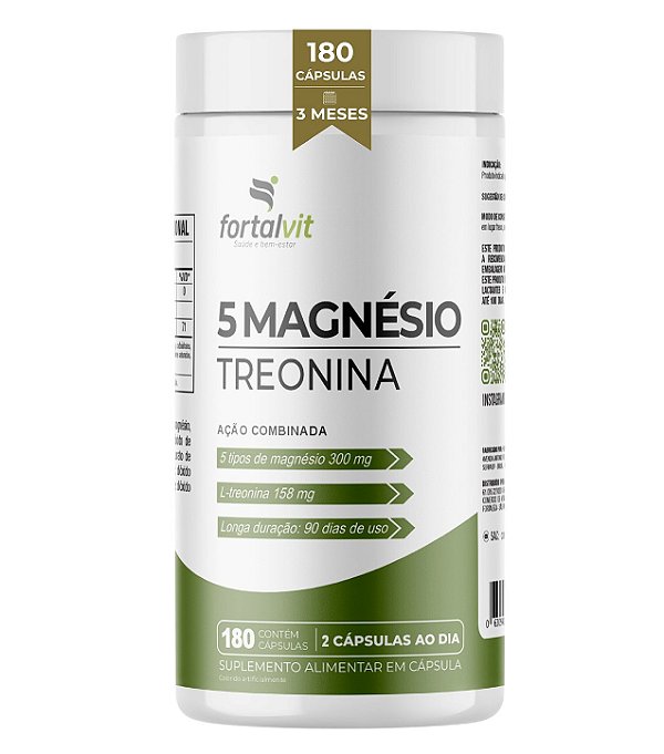 5Mag Treonato (L-Treonina) Longa Duração: 180 Cápsulas, 90 Dias de Uso, L-Treonina + 5 tipos de Magnésio, Fortalvit