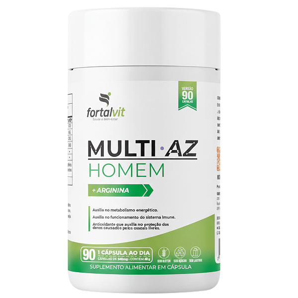 Multi.AZ Homem Arginina Longa Duração: 3 Meses de Uso, 21 Vitaminas e Minerais Essenciais, 90 Cápsulas Multivitamínico,