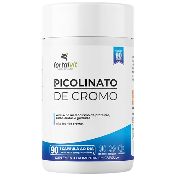Picolinato de Cromo 250mcg, Longa Duração: 3 Meses Uso, 90 cápsulas, Alta concentração, Fortalvit