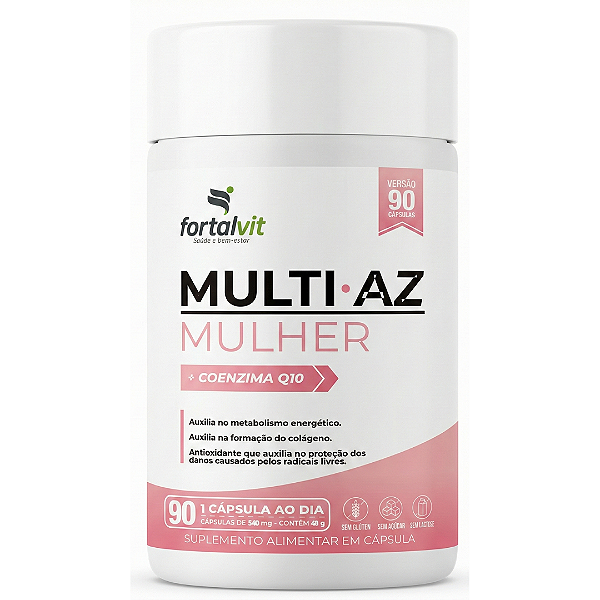 Multi AZ Mulher Com Coenzima Q10 Longa Duração: 3 Meses de Uso, 21 Vitaminas e Minerais Essenciais, 90 Cápsulas