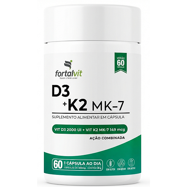 D3 2000UI  Vitamina K2 MK7, 60 Cápsulas, 2 meses, Fortalvit
