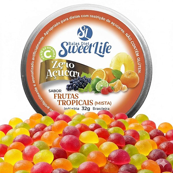 Bala sem açúcar Sweet Life Mista Zero Açucar Vegana Diet Lata 32g