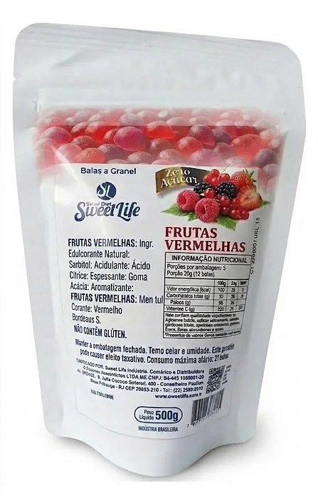 Bala Diet Frutas Vermelhas 500g Zero Açucar S/ Glúten Vegana