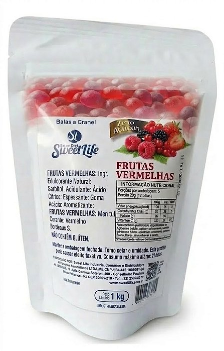 Pacote 1kg Bala Frutas Vermelhas Diet Zero Açucar Vegana Food Service