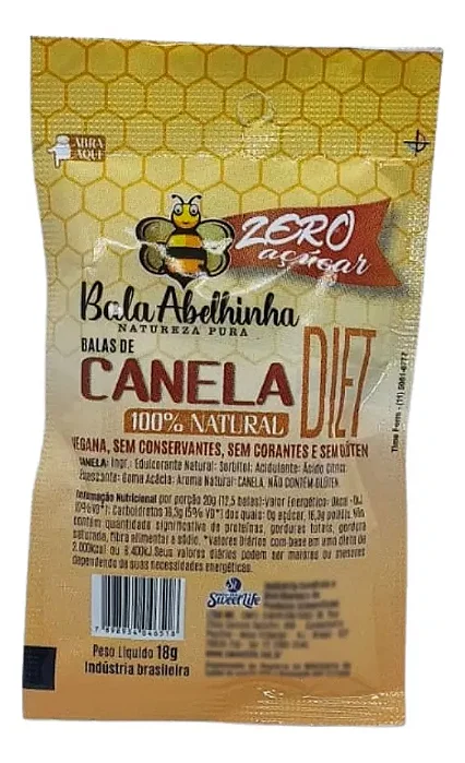 Bala Abelhinha Natural Diet Vegana Canela Zero Açúcar 18g